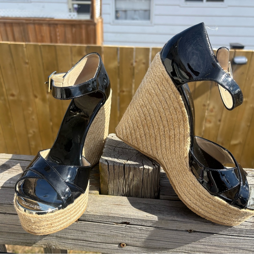 Jimmy Choo Black Patent Espadrille Wedge Sandals with Ankle Strap